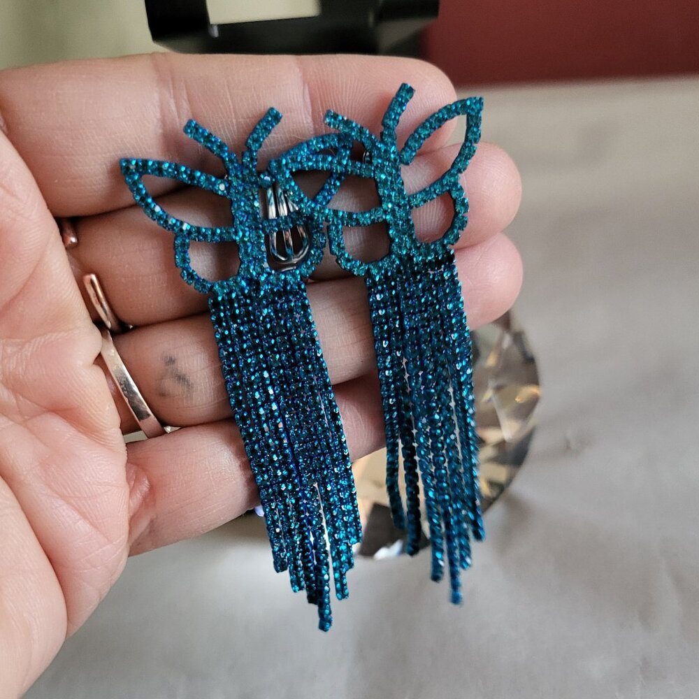TEAL RHINESTONE BUTTERFLY DANGLE EARRINGS